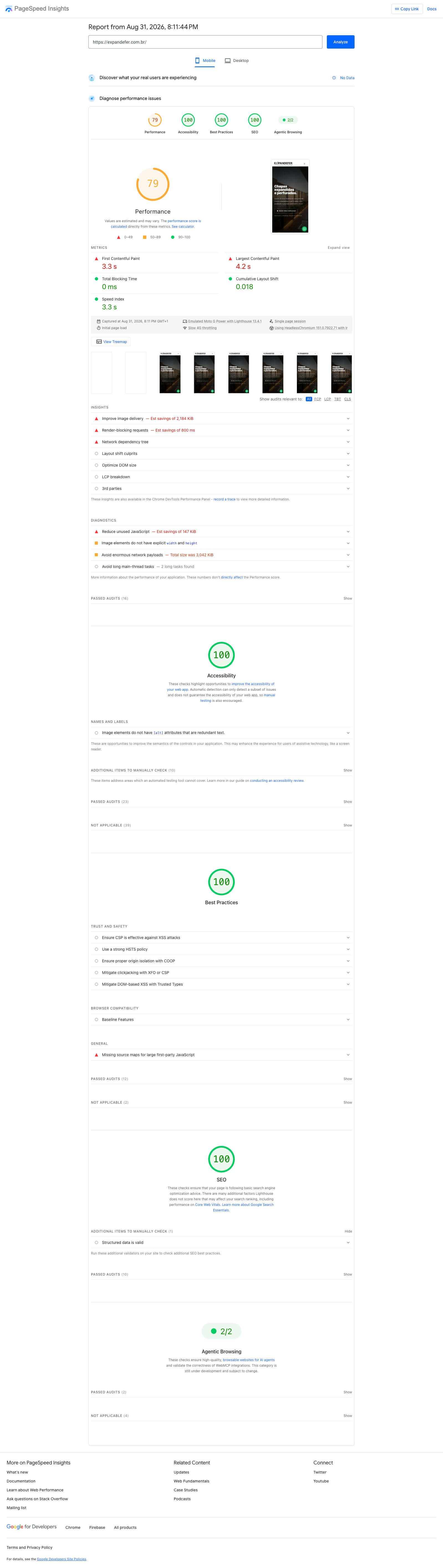 Relatório PageSpeed Insights Mobile da Expandefer, score 79