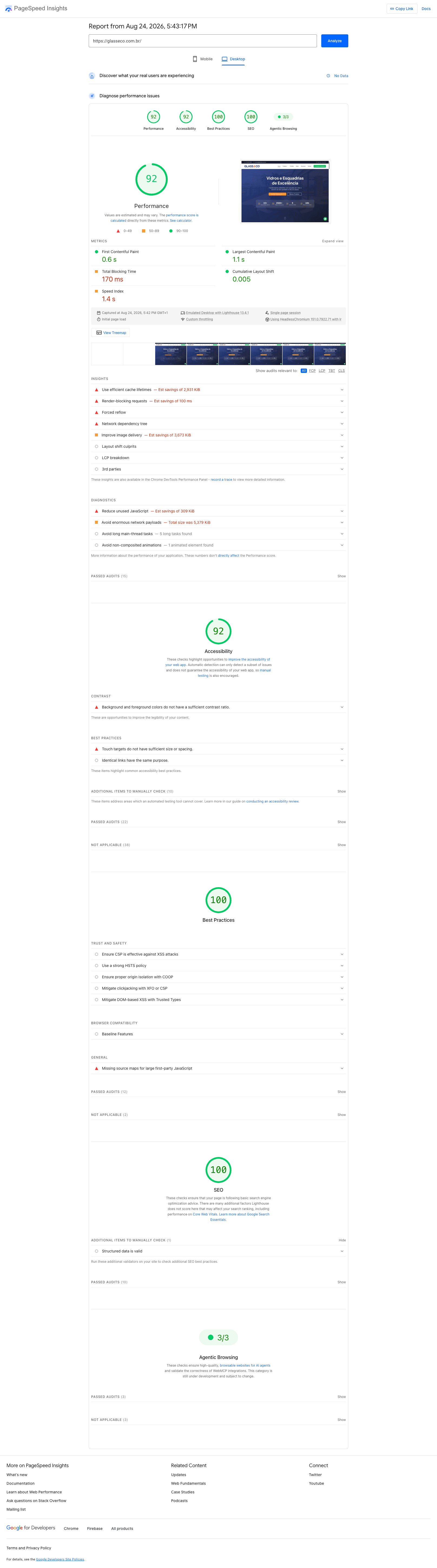 Relatório PageSpeed Insights Desktop da Glass & CO, score 92
