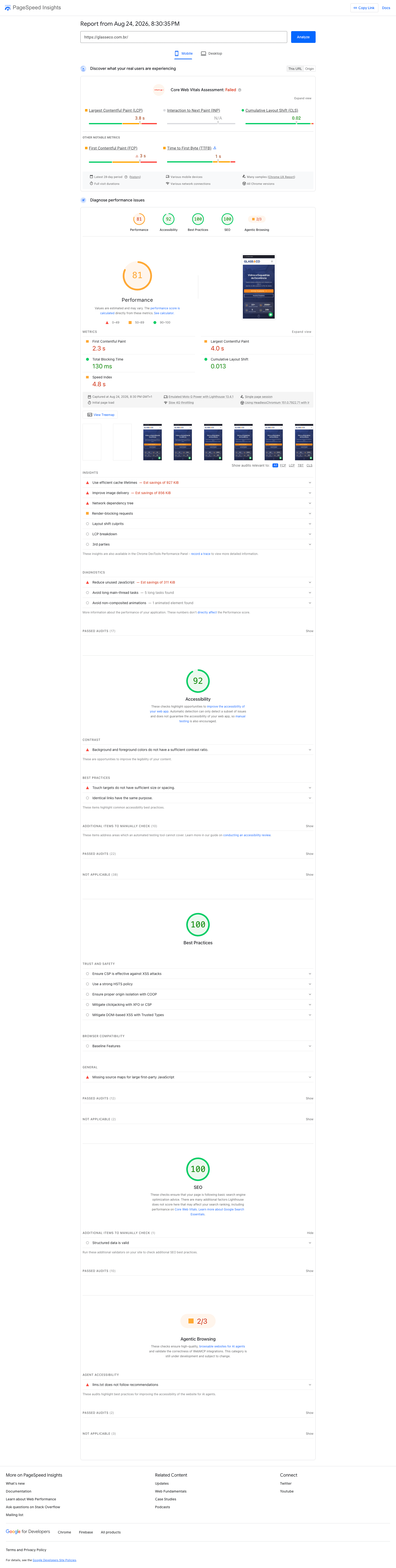 Relatório PageSpeed Insights Mobile da Glass & CO, score 81