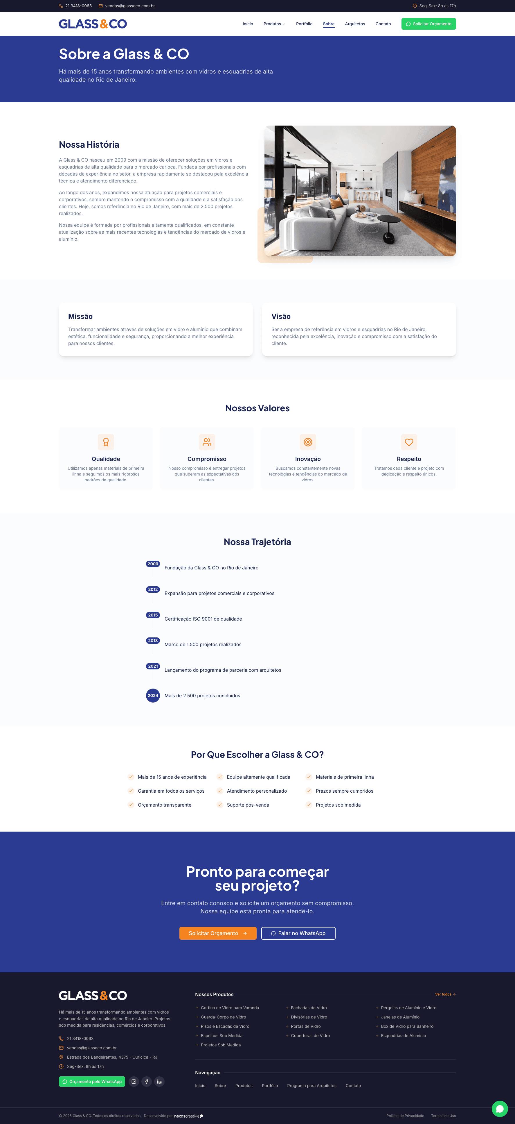 Página Sobre do site Glass & CO