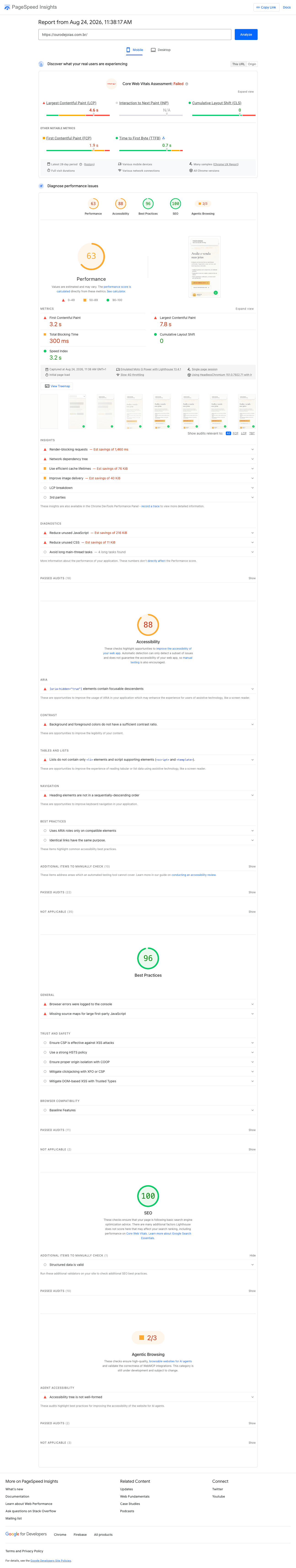 Relatório PageSpeed Insights Mobile da Ouro de Joias, score 63