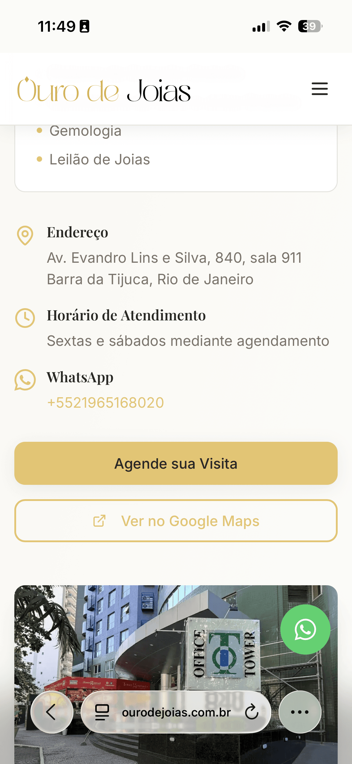 Vista mobile de serviços Ouro de Joias