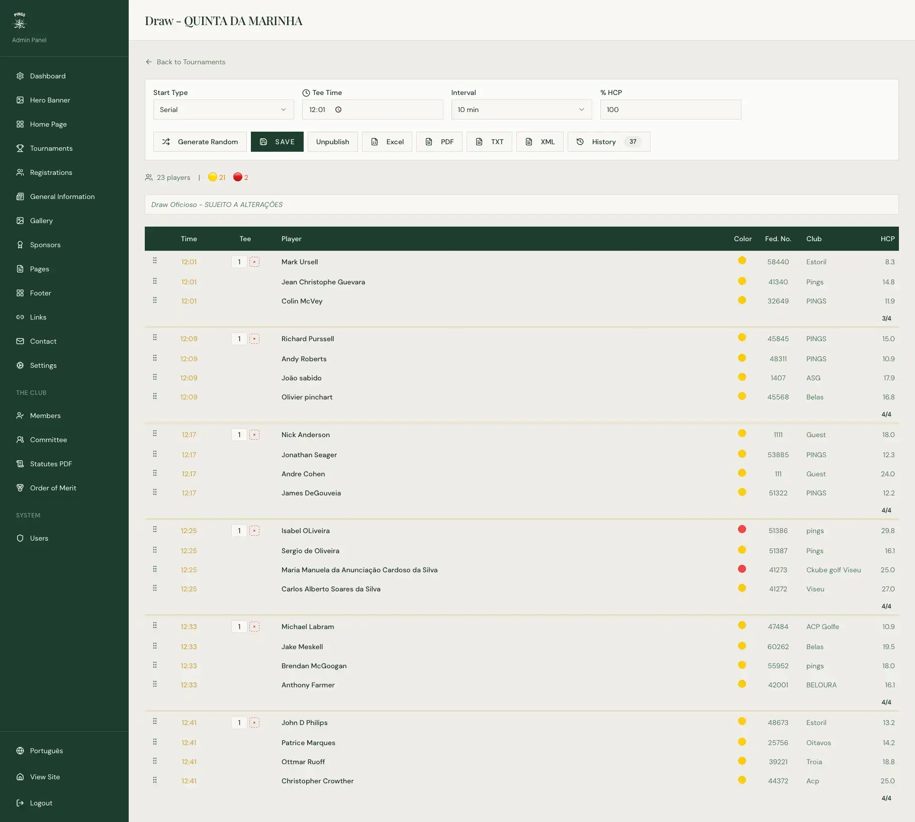 Painel CMS · geração de Draws da Pings