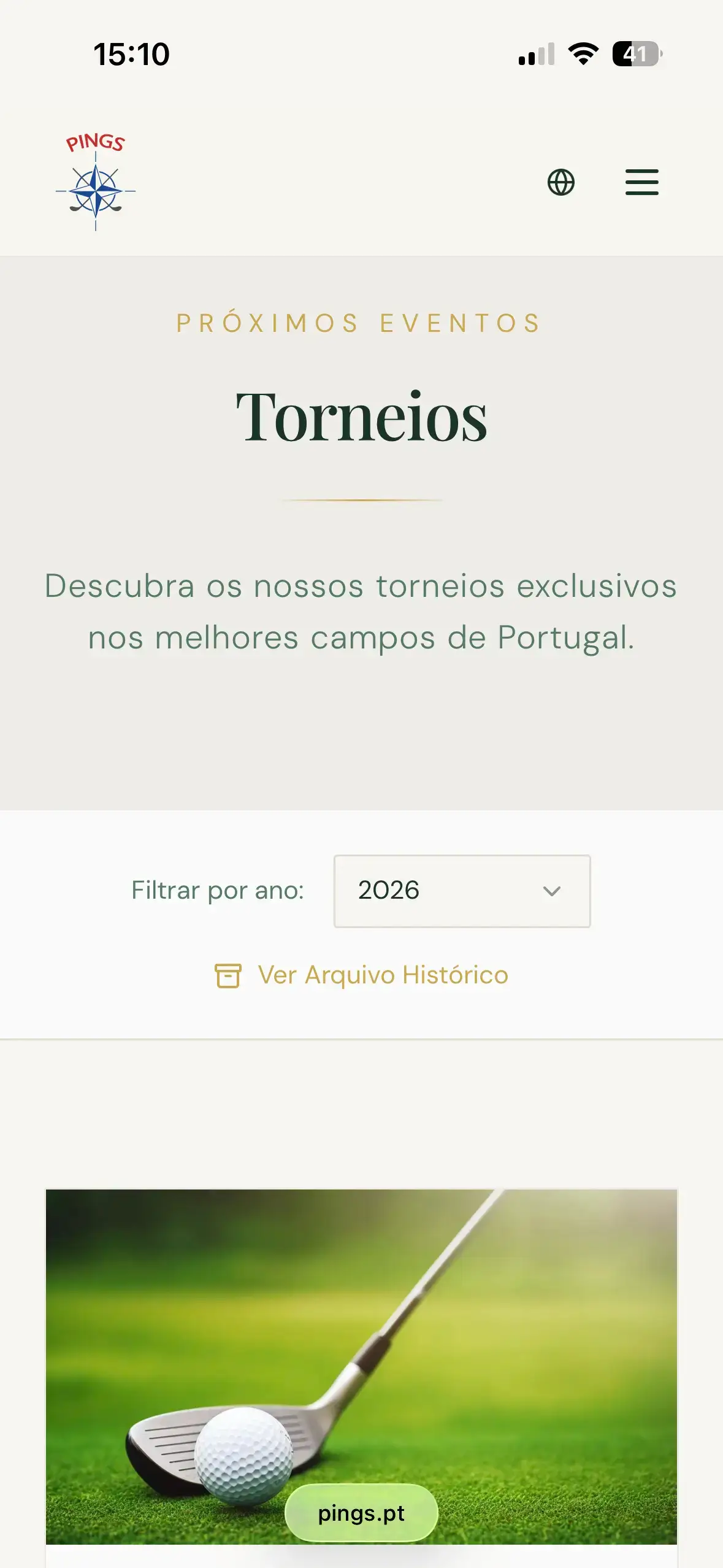 Página de torneio mobile da Pings