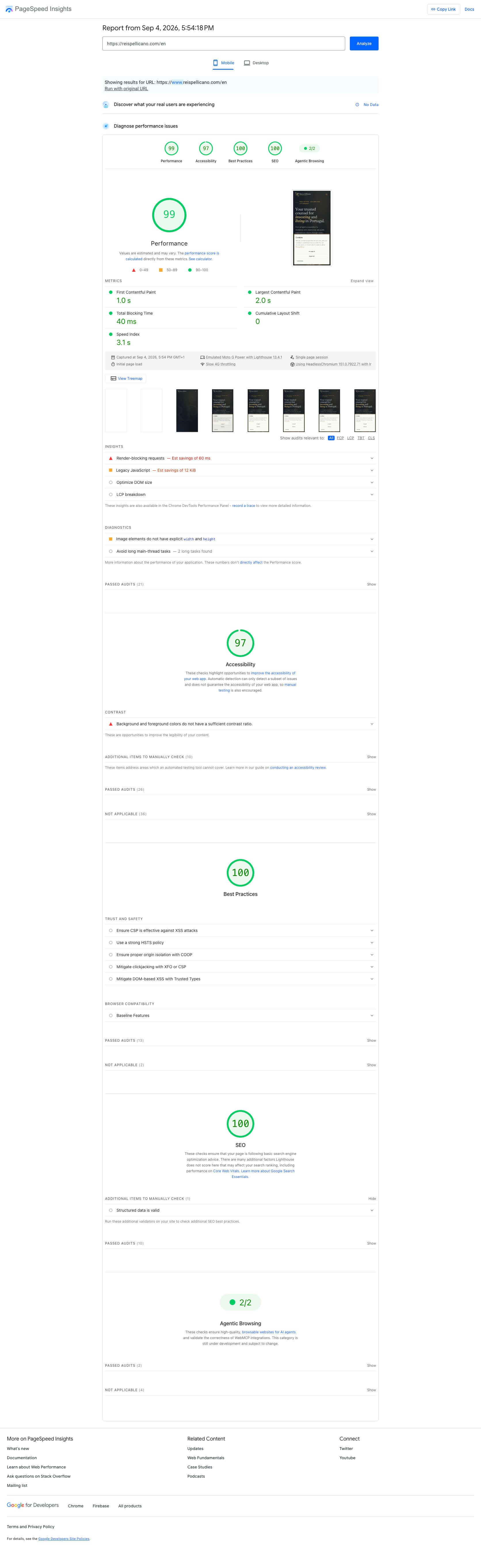 Relatório PageSpeed Insights Mobile do Reis & Pellicano, score 99