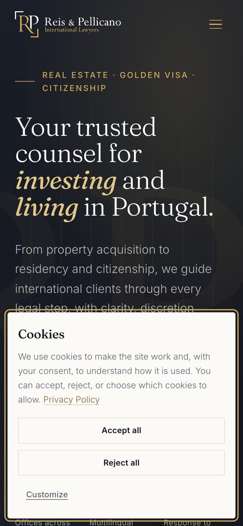 Home mobile do site Reis & Pellicano