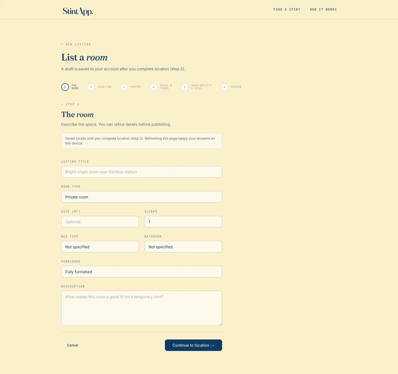 Wizard de registo de quarto na StintApp