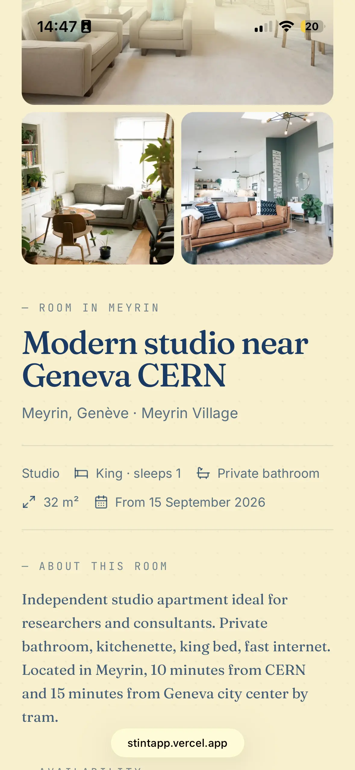 Vista mobile de quarto na StintApp