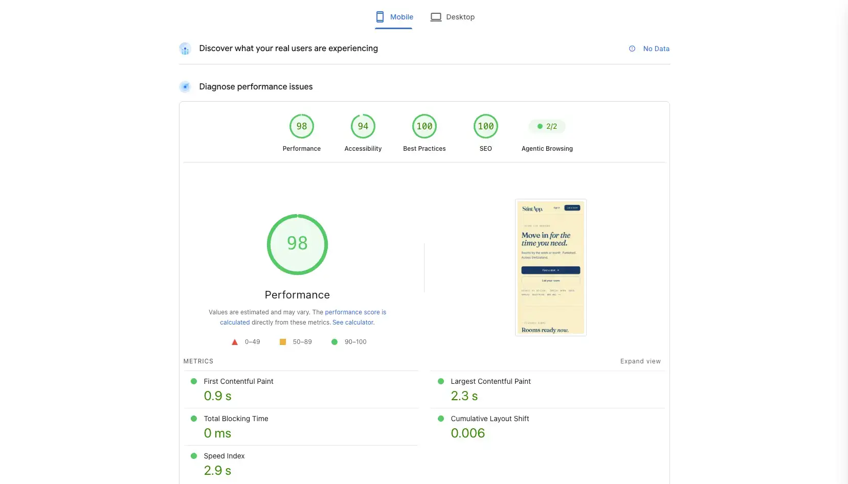 Relatório PageSpeed Insights Mobile da StintApp, score 98